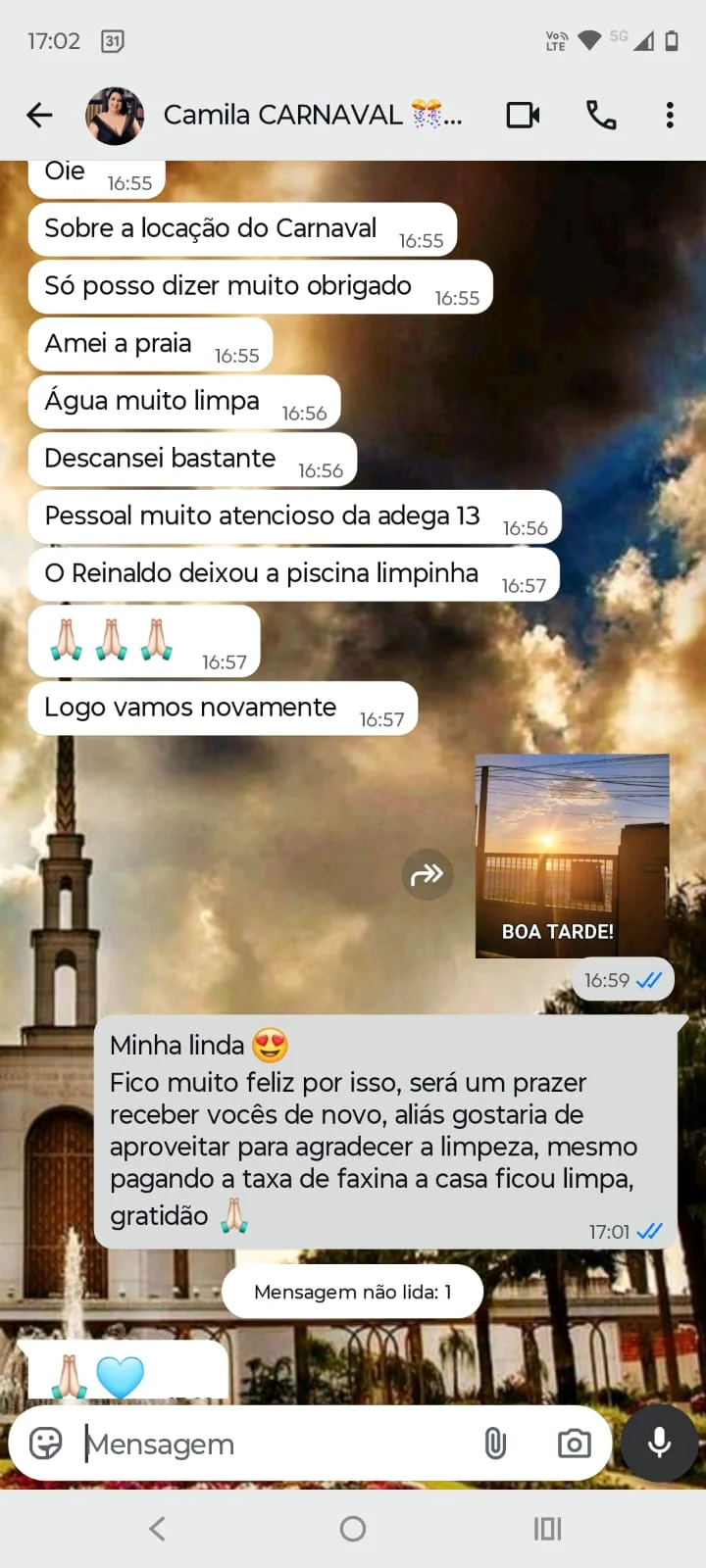 Mensagem de hóspede recomendando as casas de praia no Guarujá