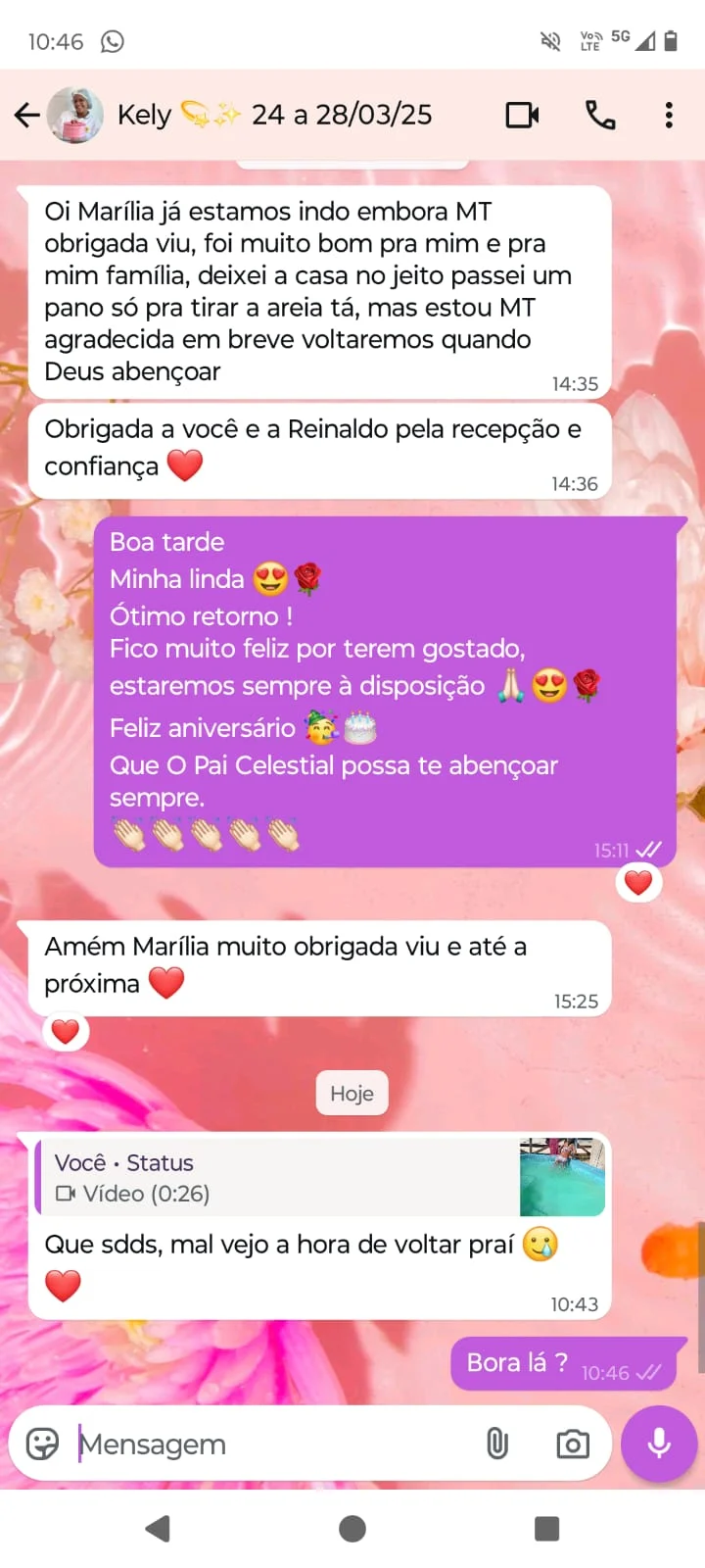 Cliente comentando sobre dias de descanso nas casas da Marília